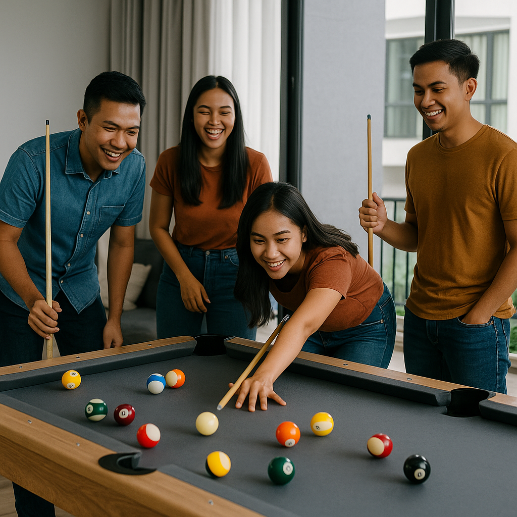 Friends enjoying an 8-Ball game on a 7-ft MDF pool table