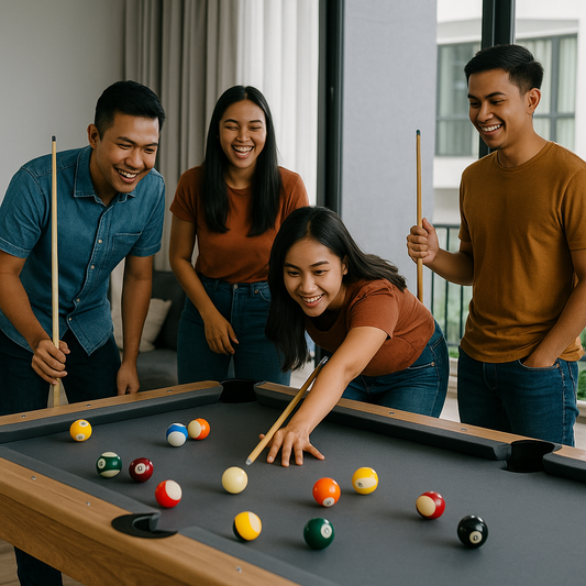 Friends enjoying an 8-Ball game on a 7-ft MDF pool table