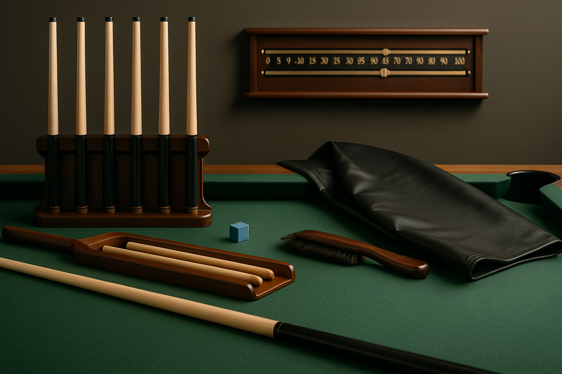 “Essential pool-table accessories: cue rack, nylon brush, chalk, fitted cover, scoreboard.”