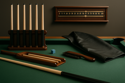 “Essential pool-table accessories: cue rack, nylon brush, chalk, fitted cover, scoreboard.”