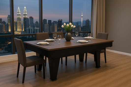 “Convertible 7-ft pool-dining table set for dinner in a Kuala Lumpur condo.”
