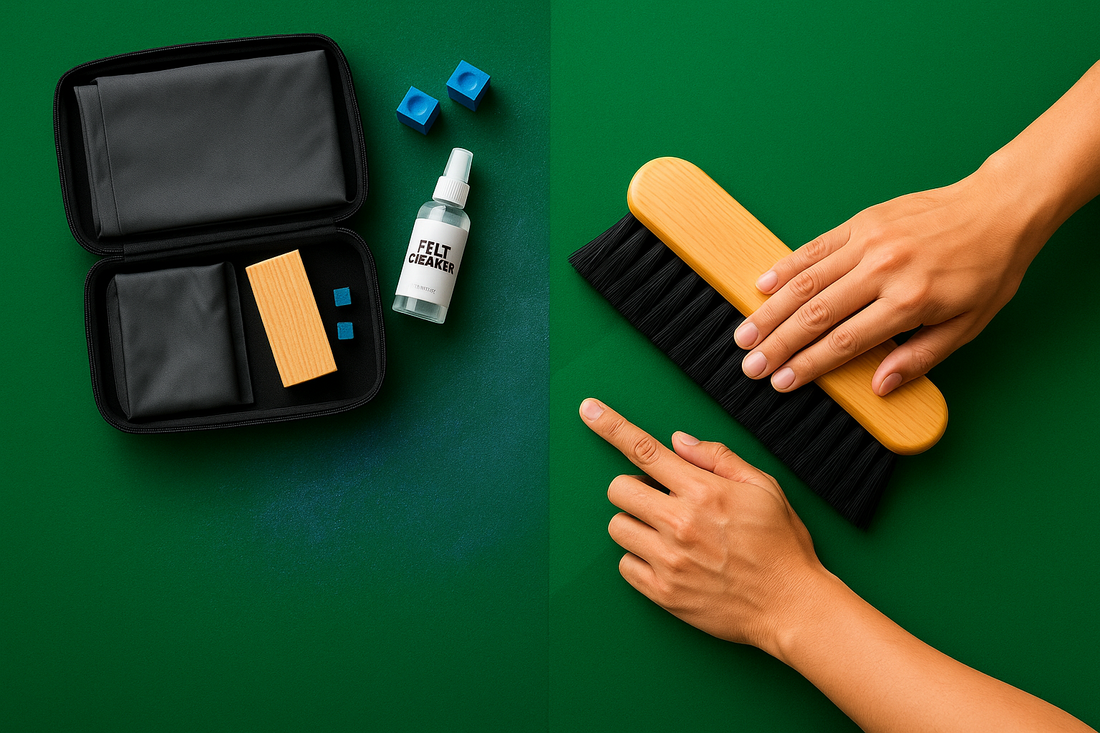 “Brushing chalk dust from pool-table felt with a nylon-bristle brush.”