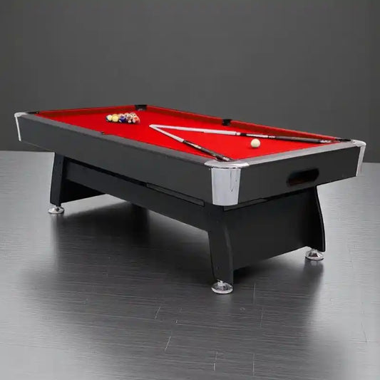 Cuebera 7-ft pool table with red tournament cloth in a modern home game room