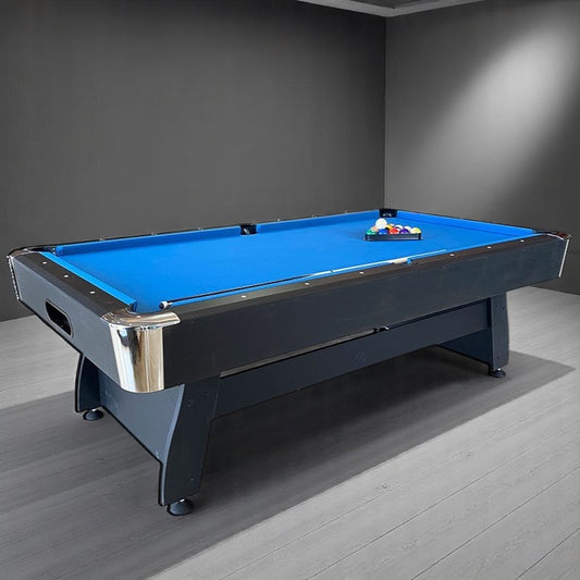 “Cuebera Callisto 8 ft pool table with black laminate and silver corners in modern loft”