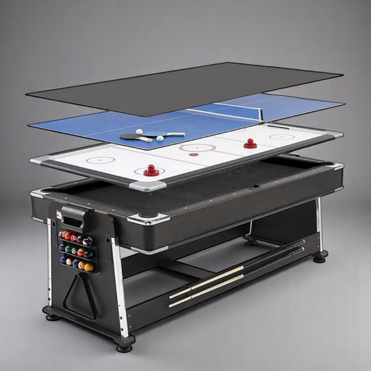 Cuebera 4‑in‑1 pool table set up for a colourful 8‑ball break”