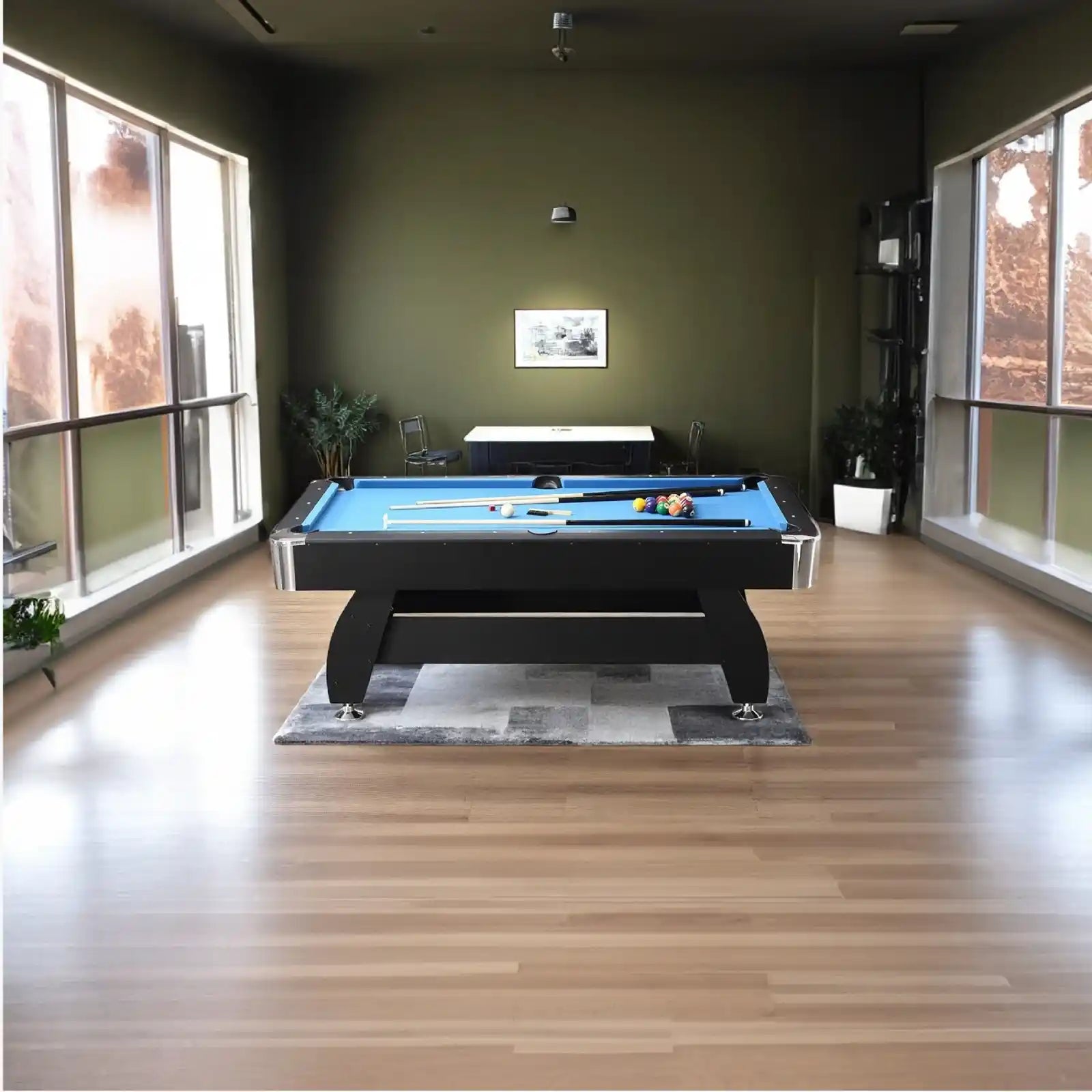 Banner image—modern pool room featuring a Cuebera 8-ft pool table with ambient lighting